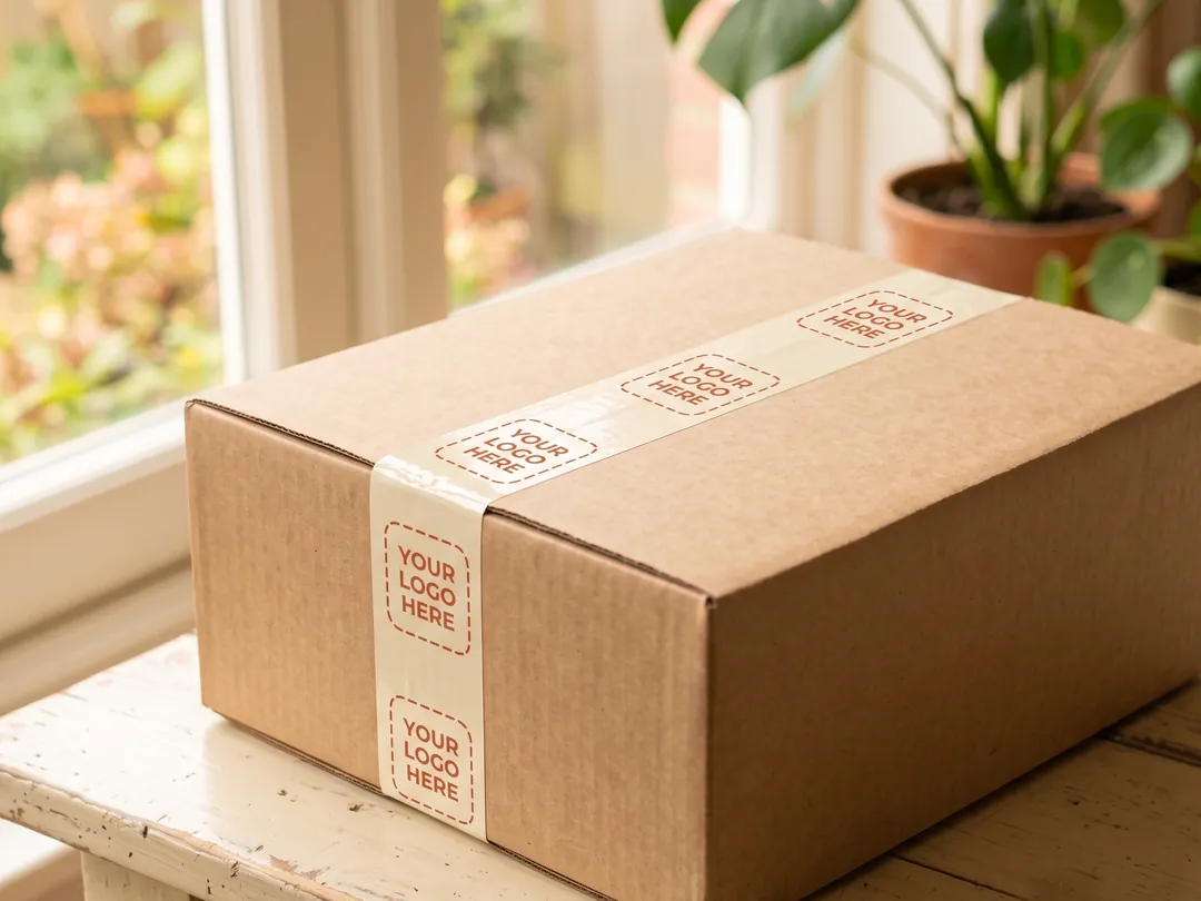 Custom packing tape reading your logo here on a kraft box